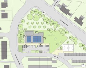 Lageplan, wo die neue Kita sein soll. Das Gebäude und Außengelände sind grob skizziert.