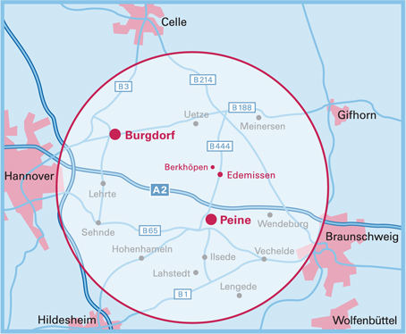 Kartenausschnitt des Gebietes mit Einrichtungen der LHPB.